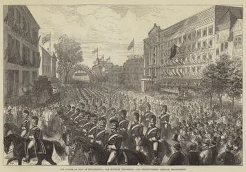 Il quattro luglio a Filadelfia, la processione militare, le truppe cittadine che attraversano Broad-Street